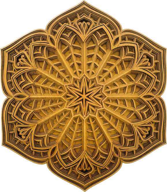 Alpha Quest — hexagonal bloom in golden teak